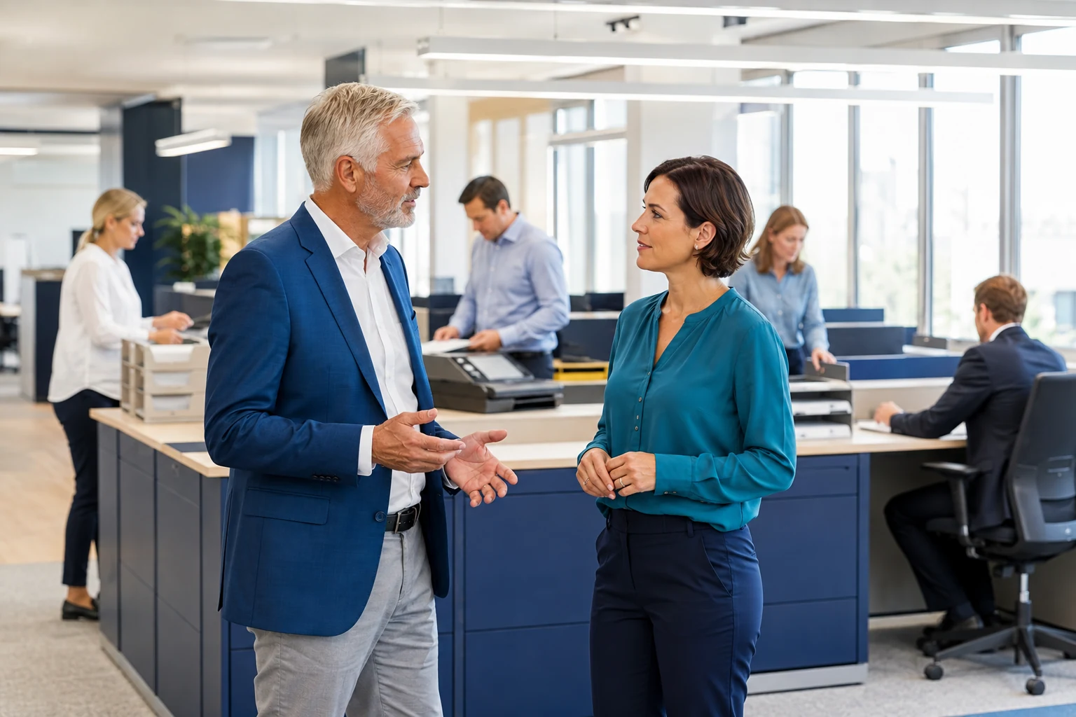 Inhaber und Kaufinteressentin in einem betrieblichen Servicezentrum